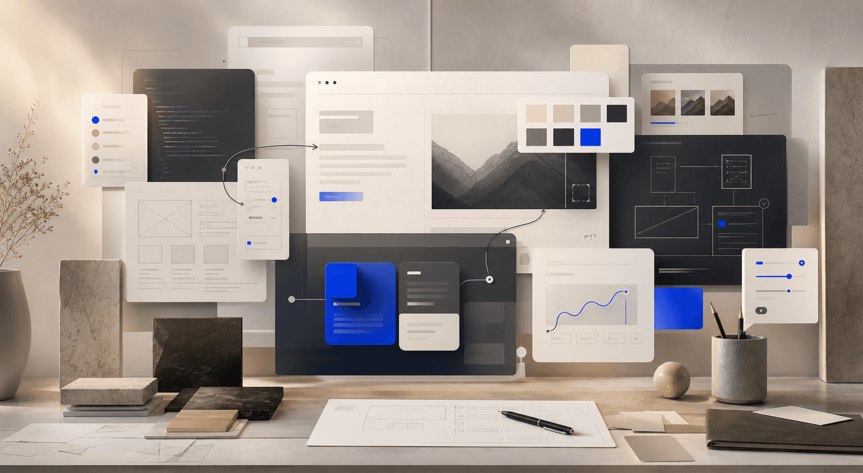 AI-assisted UX workflow collage with design system panels