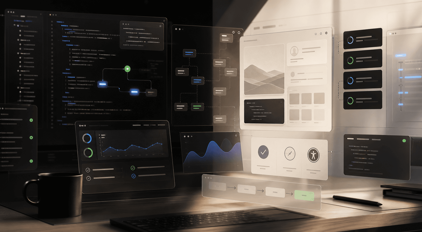 Frontend development dashboard with code, UX metrics, and accessibility checks