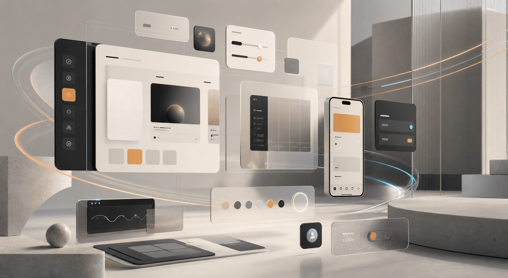 Floating interface panels showing modern UI and UX design trends